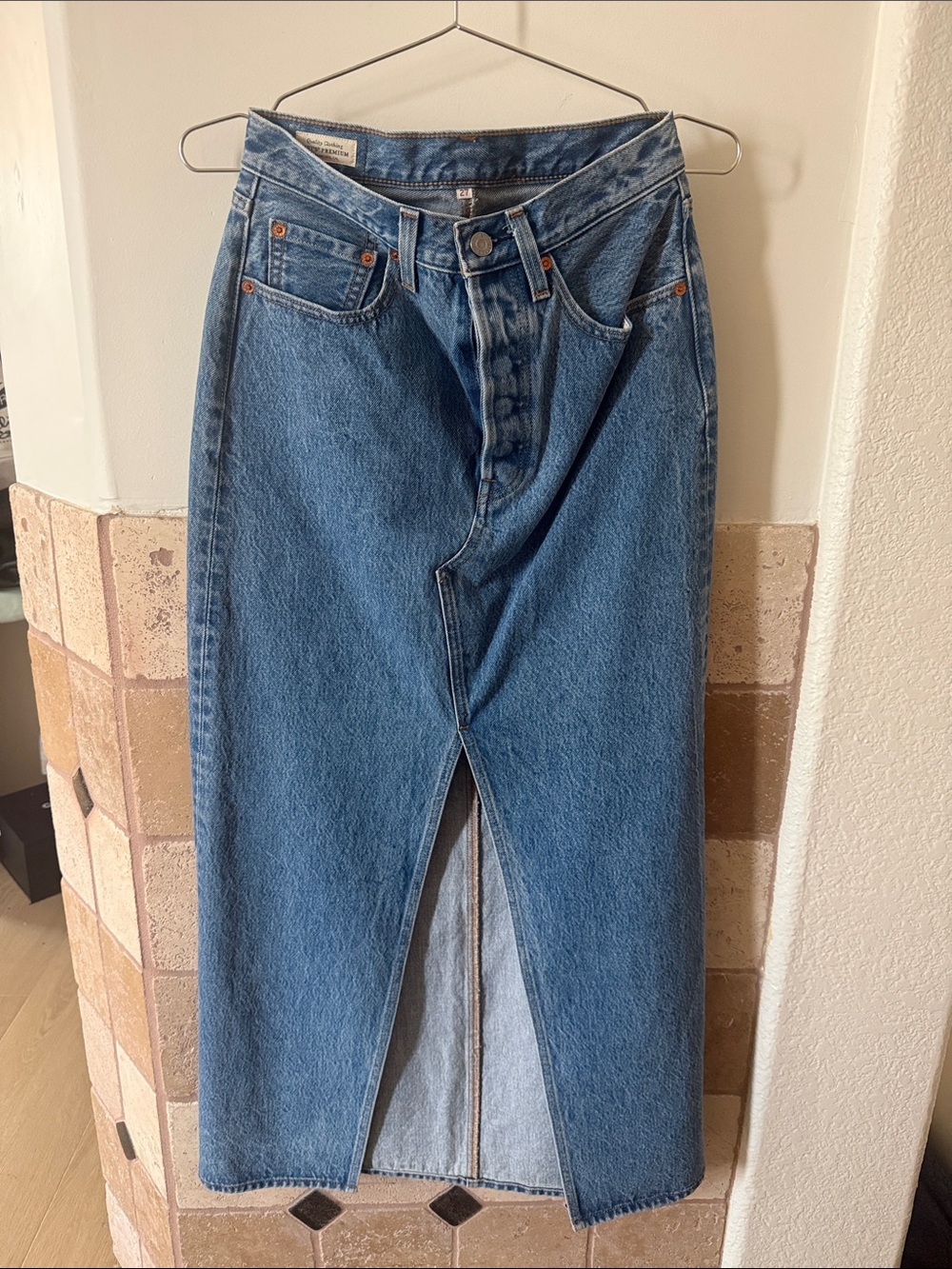 Levi's Blue Denim High-Waist Front-Slit Midi Skirt